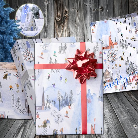 Busy Mountain Ski Dorp Cadeaupapier