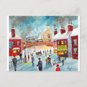 Busy street scene wintertrein oil schilder art. briefkaart