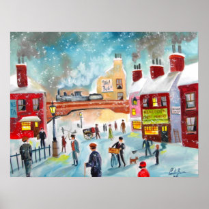 Busy street scene wintertrein oil schilder art. poster