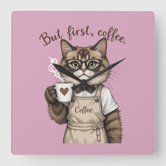 But First, Coffee Cat Vierkante Klok (Voorkant)