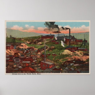 Butte, MT - Uitzicht van Factories & Homes op Hill Poster