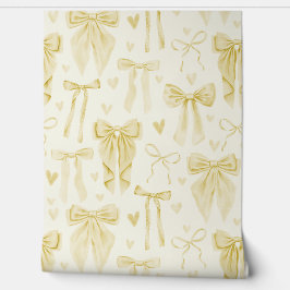 Butter Yellow Bows and Hearts on Cream Behang