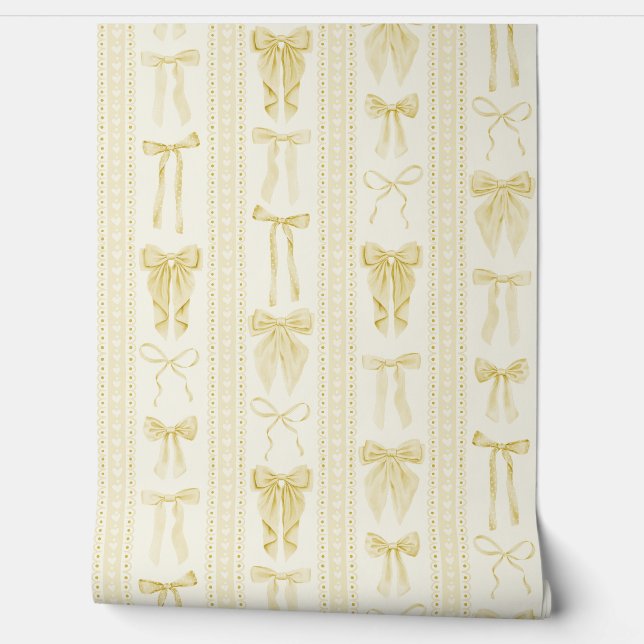 Butter Yellow Bows and Lace Vertical Stripes Behang (Afrollen)