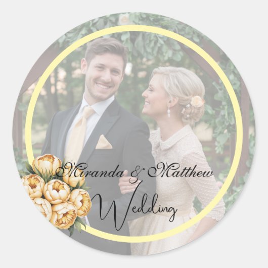 Butter-Yellow Rose Bouquet Trouwfoto Ronde Sticker (Voorkant)