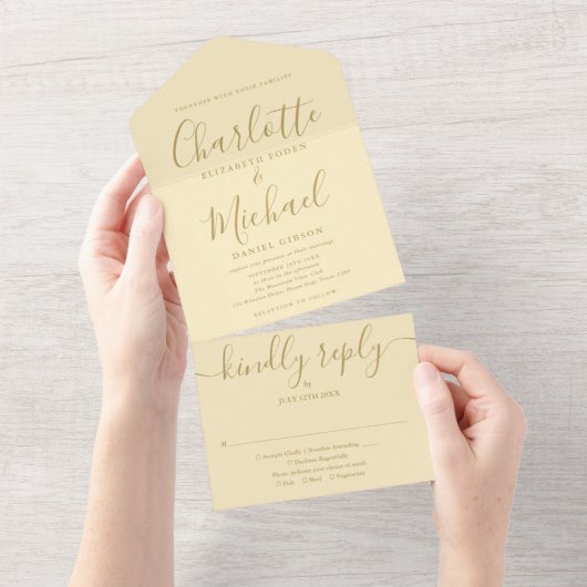 Buttercup Geel en Goud Handtekening Script Trouwen All In One Uitnodiging (Afscheurbaar)