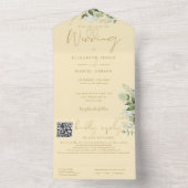 Buttercup Geel Groen Monogram QR Code Huwelijk All In One Uitnodiging (Binnen)