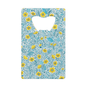 Buttercups, geel, blauw en wit kredietkaart flessenopener