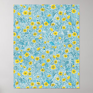 Buttercups, geel, blauw en wit poster