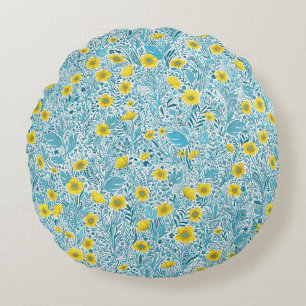 Buttercups, geel, blauw en wit rond kussen