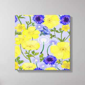 Buttercups, Paardebloem Puffballs Blauw Cornflower Canvas Afdruk