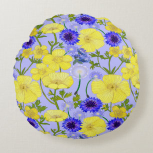 Buttercups, Paardebloem Puffballs Blauw Cornflower Rond Kussen