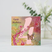 BUTTERFLES IN SPARKLES Forth Birthday Party, roze Kaart (Staand voorkant)