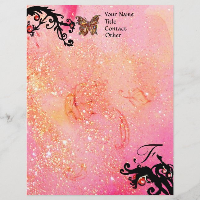 BUTTERFLES IN SPARKLES, Roze zwart Swirls Monogram Briefhoofd (Voorkant)