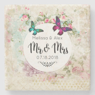 Butterflie op een Floral Collage de heer en mevro Stenen Onderzetter