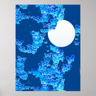 Butterflies against Blue Night Sky Moonscape Poster