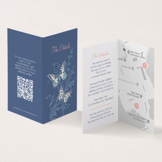 Butterflies blue koral bruiloft details kaart QR (Binnen en buitenkant)
