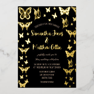 Butterflies Boho Black Gold Folie Wedding Uitnodiging