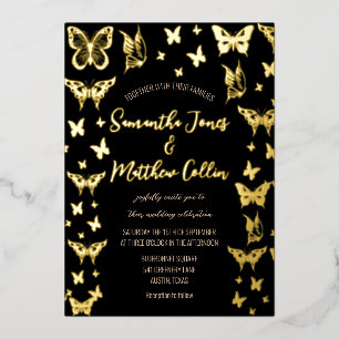 Butterflies Boho Black Gold Folie Wedding Uitnodiging