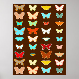 Butterflies, bruin, Turquoise en koraal Poster