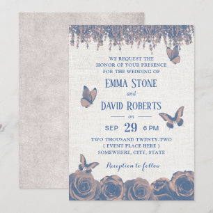  Butterflies Dusty Blue Floral Wedding Kaart