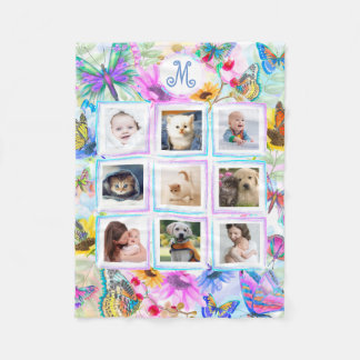 Butterflies en bloemen 9 Foto Collage Monogram Fleece Deken