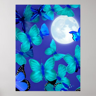 Butterflies en Moths in een Deep Blue Moonlit Sky Poster