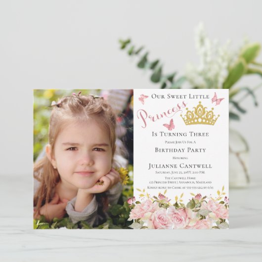 Butterflies Floral Princess Foto 3rd Birthday Kaart (Staand voorkant)