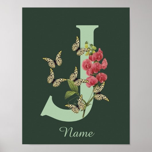 Butterflies Flower Monogram Initial J Personalized Poster (Voorkant)