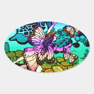 Butterflies, Flowers, Rainbow, Angel Ovale Sticker