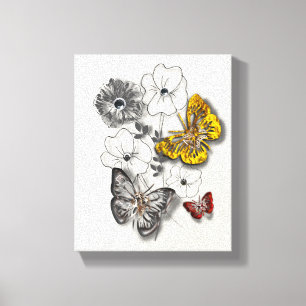 Butterflies Flowers Red Gold Grey Minimalist Style Canvas Afdruk