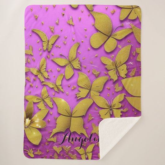 Butterflies Gold Glitters roze achtergrond Sherpa Deken (Voorkant)