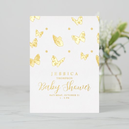 Butterflies in Air Baby shower Gold Folie Uitnodiging (Staand Voorkant)