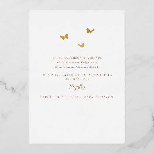 Butterflies in Air Baby shower Gold Folie Uitnodiging (Achterkant)