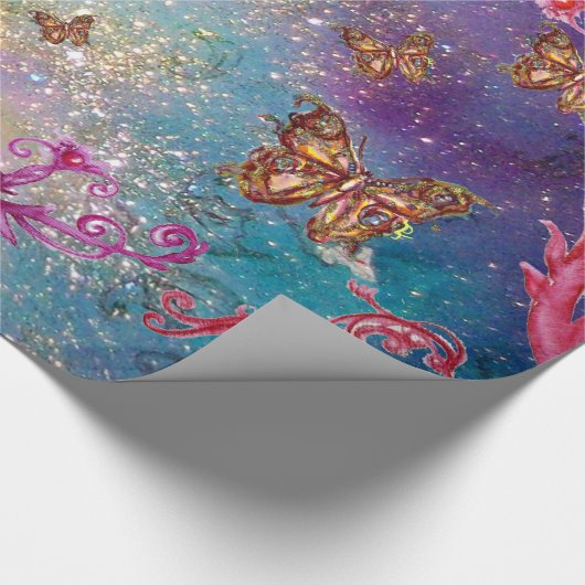 BUTTERFLIES IN GOUD GEEL AQUA BLUE SPARKLES CADEAUPAPIER (Hoek)