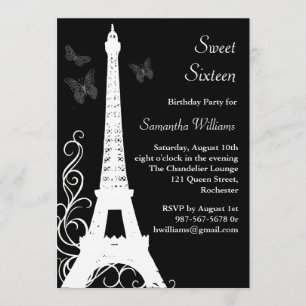 Butterflies in Paris Birthday Invite black Kaart