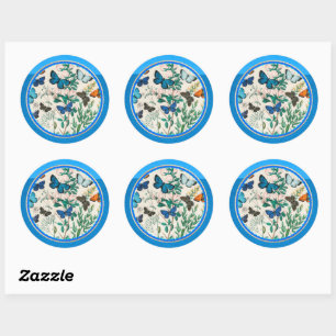 Butterflies, lijst met blauwe cirkel, ronde sticker