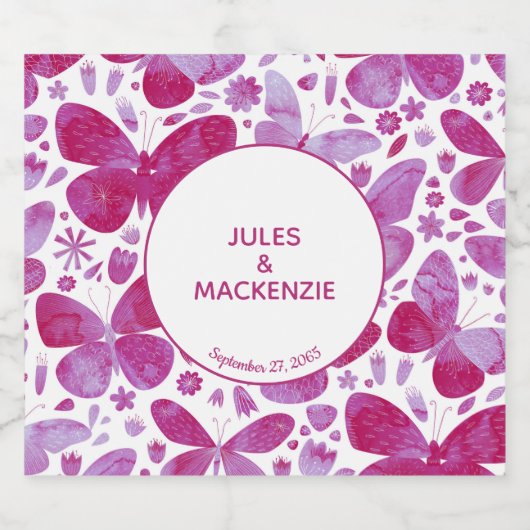 Butterflies Modern Boho Waterverf Magenta Roze Bier Etiket (Enkel label)