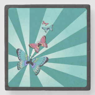 Butterflies op een blauw zonnebarst stenen onderzetter