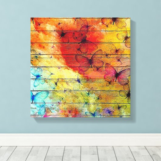 Butterflies op een kleurrijk Rustisch Hout Canvas Afdruk (Insitu (Houten vloer))