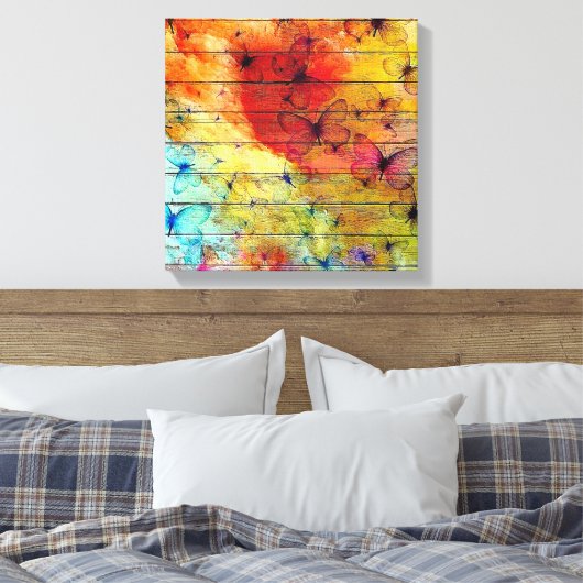 Butterflies op een kleurrijk Rustisch Hout Canvas Afdruk (Insitu (Slaapkamer))