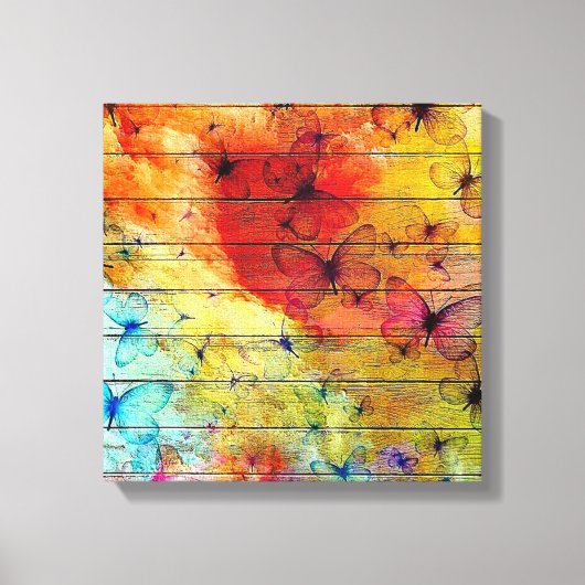 Butterflies op een kleurrijk Rustisch Hout Canvas Afdruk (Voorkant)