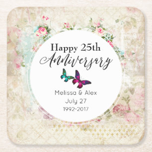 Butterflies op Shabby Collage Jubileum Vierkante Kartonnen Onderzetter