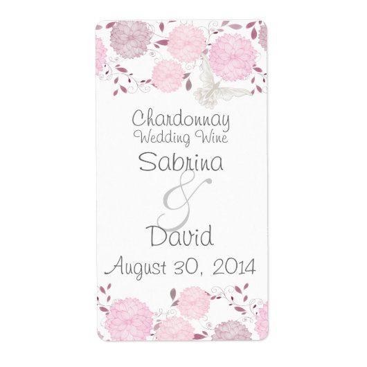 Butterflies & Roze Chrysanthema Weddenwijn Etiket (Voorkant)