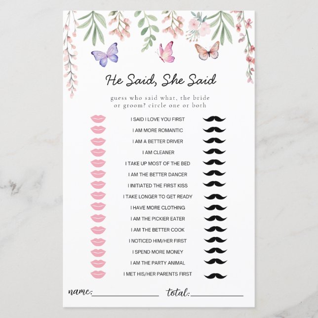 Butterflies Vrijgezellenfeest spel Hij zei dat ze  (Voorkant)