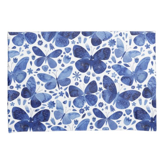 Butterflies Waterverf Blue Pattern Kussensloop (Voorkant-Rechts)