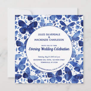 Butterflies Waterverf Indigo Blue Evening Wedding Kaart