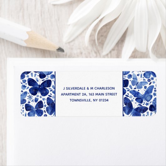 Butterflies Waterverf Indigo Blue Return Address Etiket (Insitu)