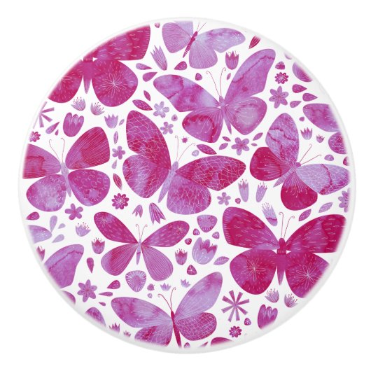 Butterflies Waterverf Magenta Pink Keramische Knop (Voorkant)