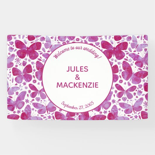 Butterflies Waterverf Magenta Pink Wedding Banner (Horizontaal)