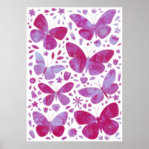 Butterflies Waterverf Magenta Roze Poster